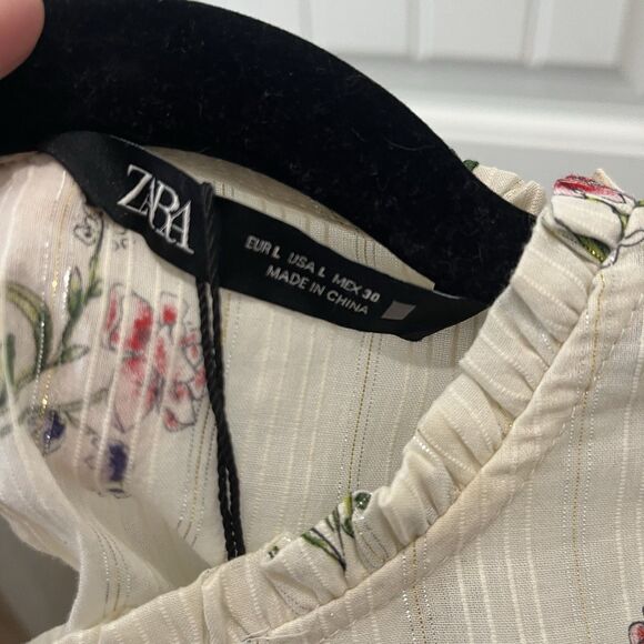 Zara Floral Cream Metallic Striped Long Sleeve Ruffle Crop Smocked Top Juniors L - Picture 10 of 11